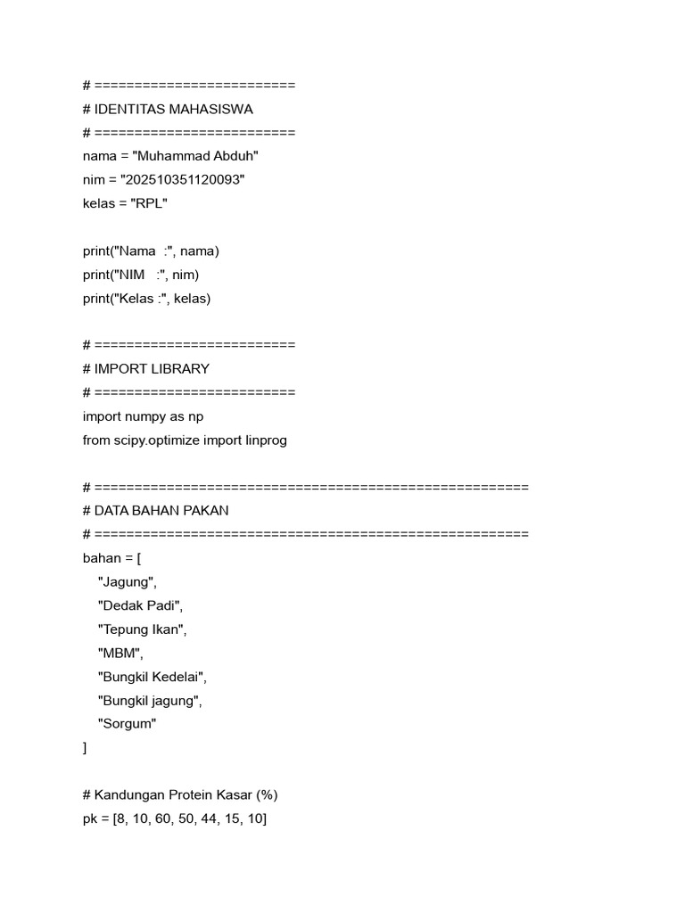 Tugas Coding Formulasi Pakan - Muhammad Abduh | PDF