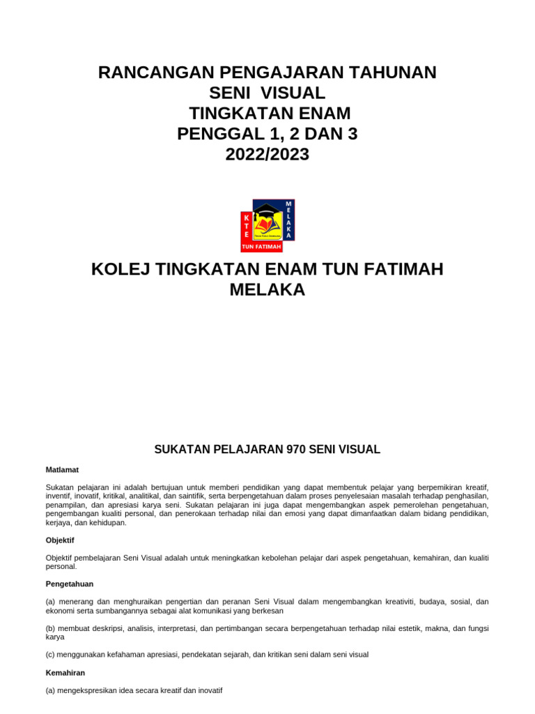 Rancangan Pelajaran Semsetr Seni Visual 2022-2023 Kte Tun Fatimah | PDF