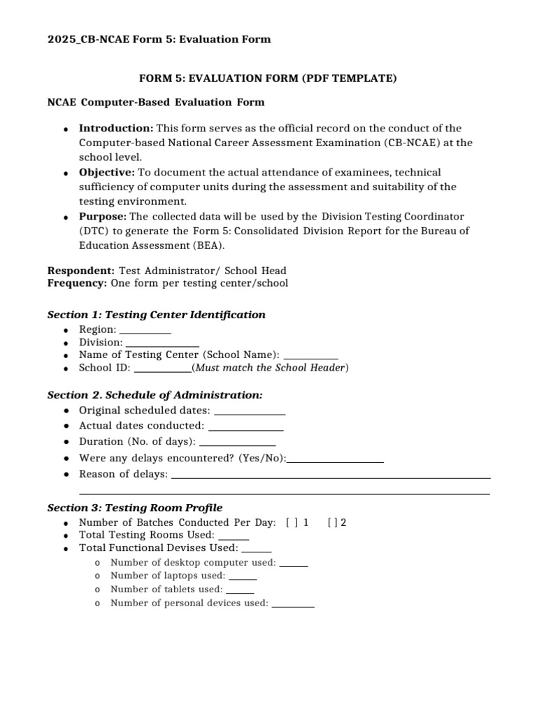 CB NCAE Form 5 Evaluation Form PDF Template | PDF | Computing