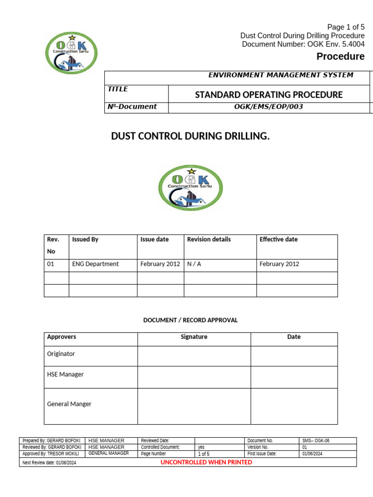 Ogk Ems Ep 003 Dust Control During Drilling | PDF | Occupational Safety ...