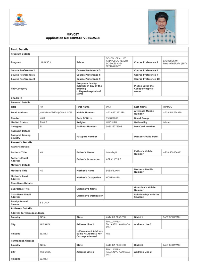 Application Form MRVCET 2025 2518 | PDF | Qualifications | Educational ...