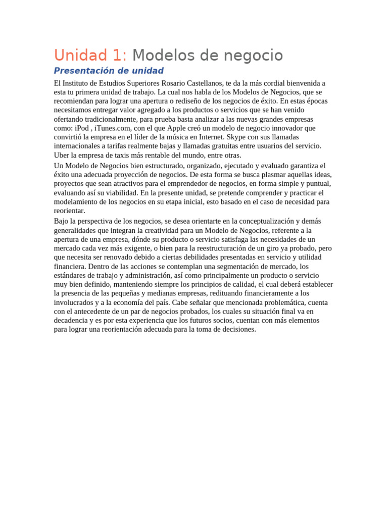 Unidad 1 Modelos de Negocios | PDF | Iniciativa empresarial | Business