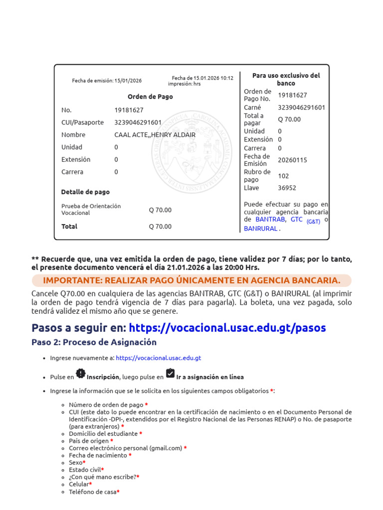 Generar Orden de Pago - USAC | PDF