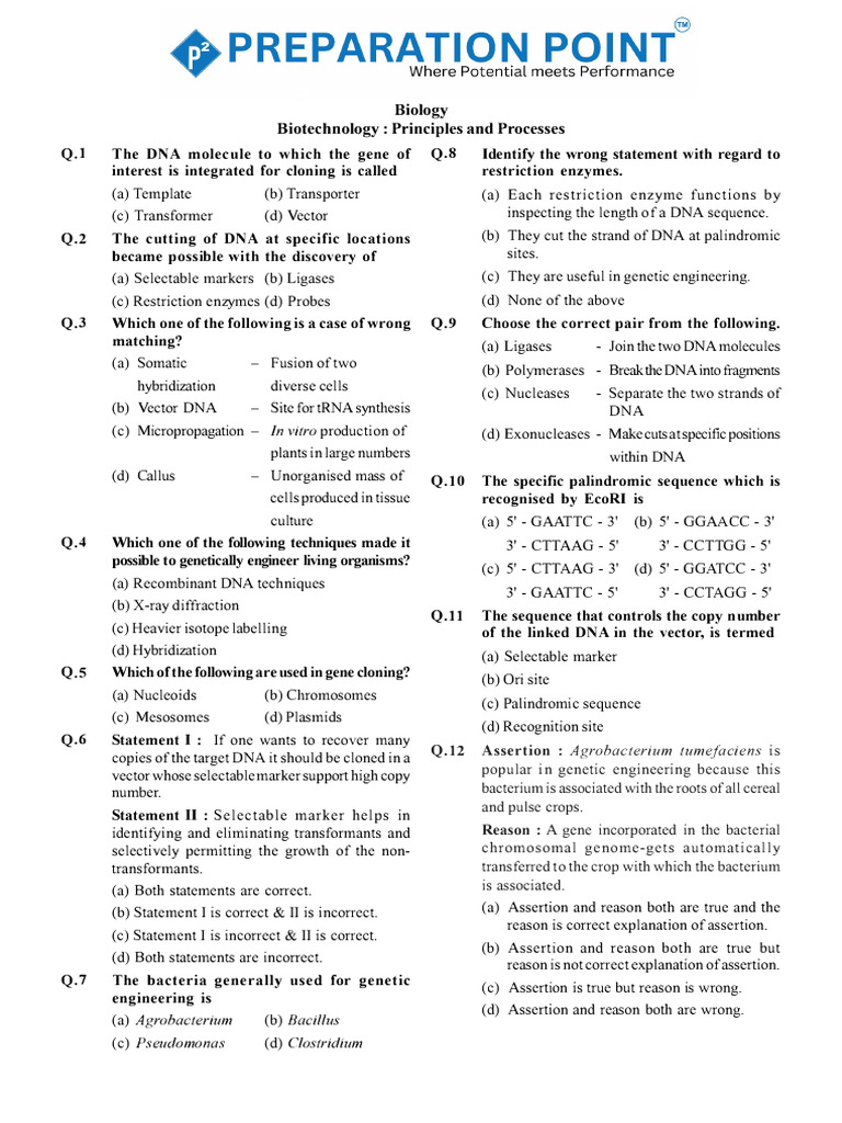 Biotechnology Principles and Processes MCQ | PDF | Molecular Cloning ...