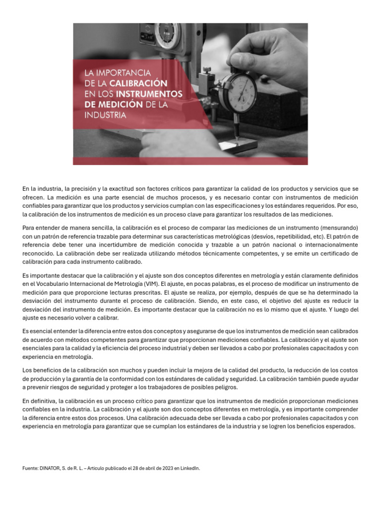 importancia de la calibración_DINATOR | PDF | Metrología | Calibración
