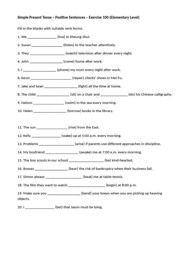 Simple Present Positive Sentences_Exercise100 | PDF