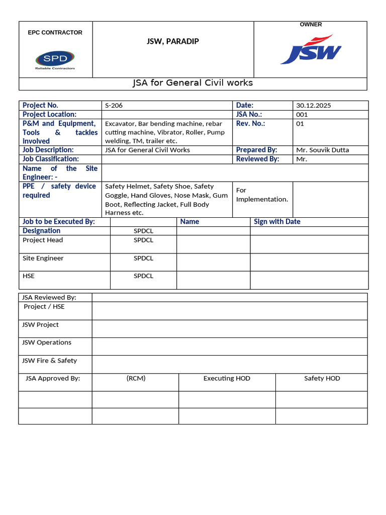 JSA For General Civil Work | PDF | Crane (Machine) | Personal ...