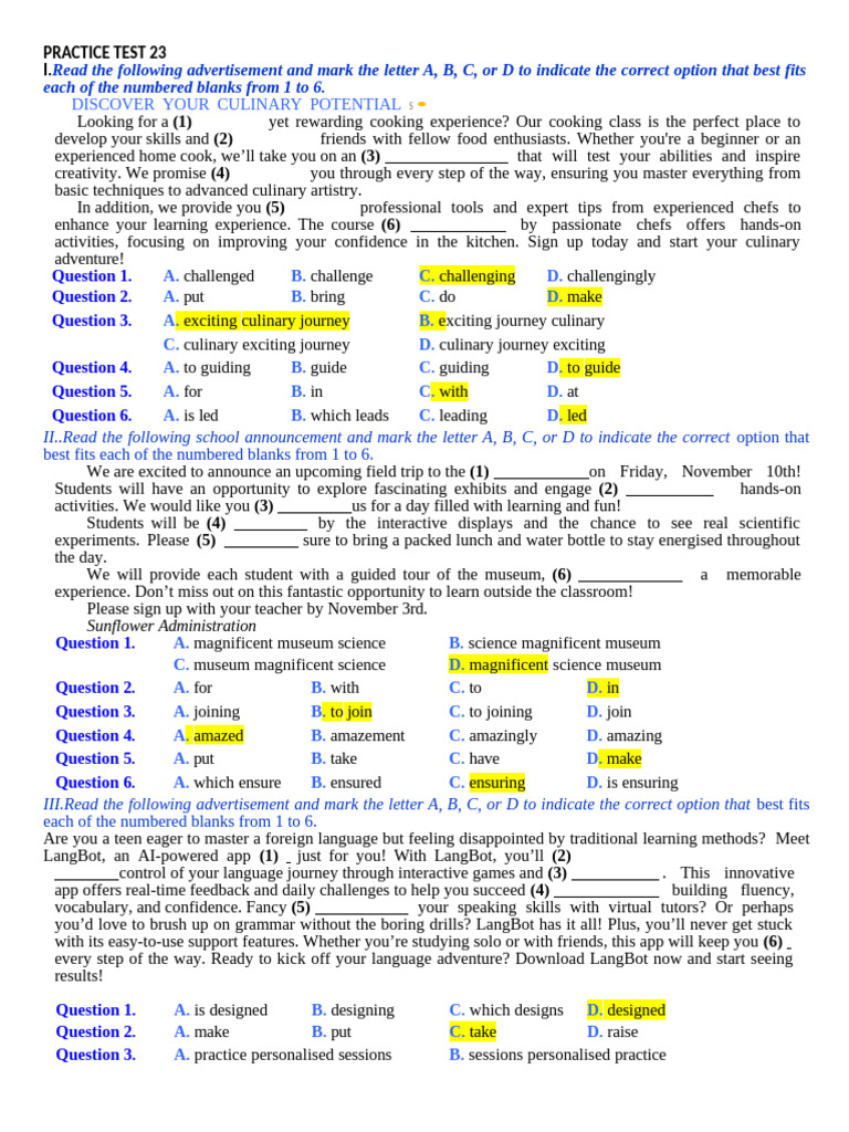 Practice Test 23 | PDF | Culinary Arts | Chef