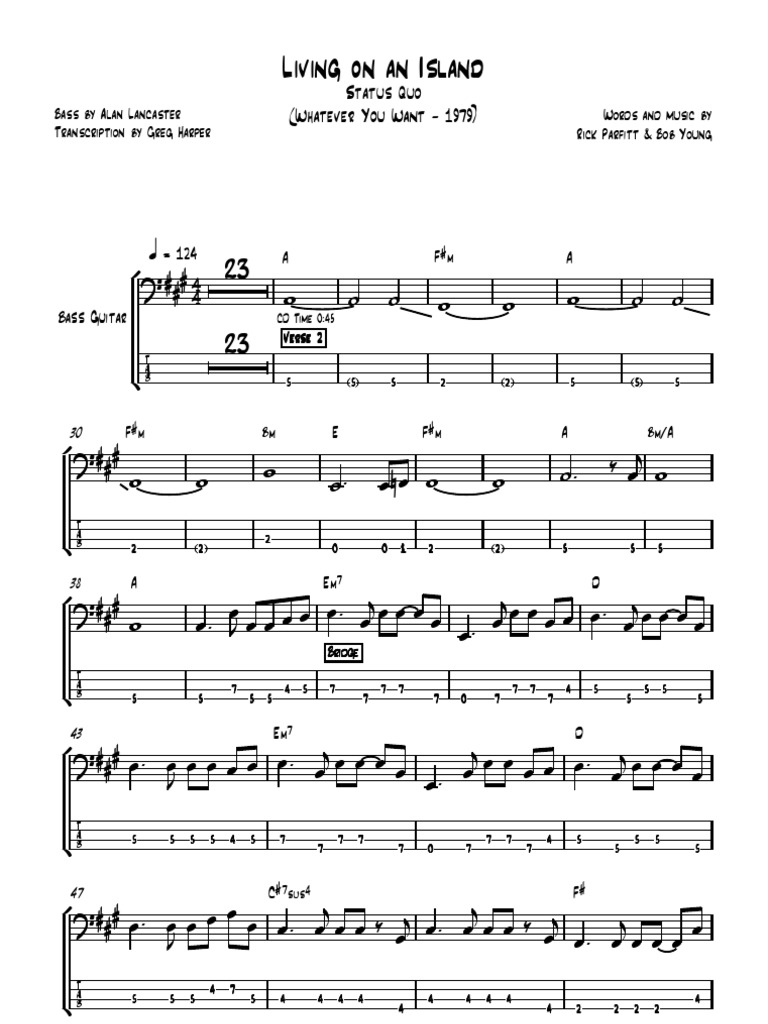Status Quo Living on an Island [Bass Transcription]