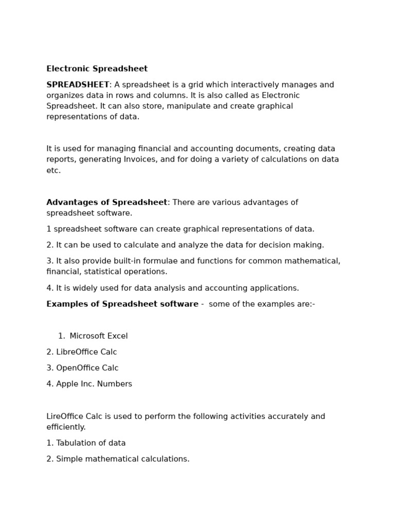 Electronic Spreadsheets Class 9 Notes Explain | PDF | Spreadsheet ...