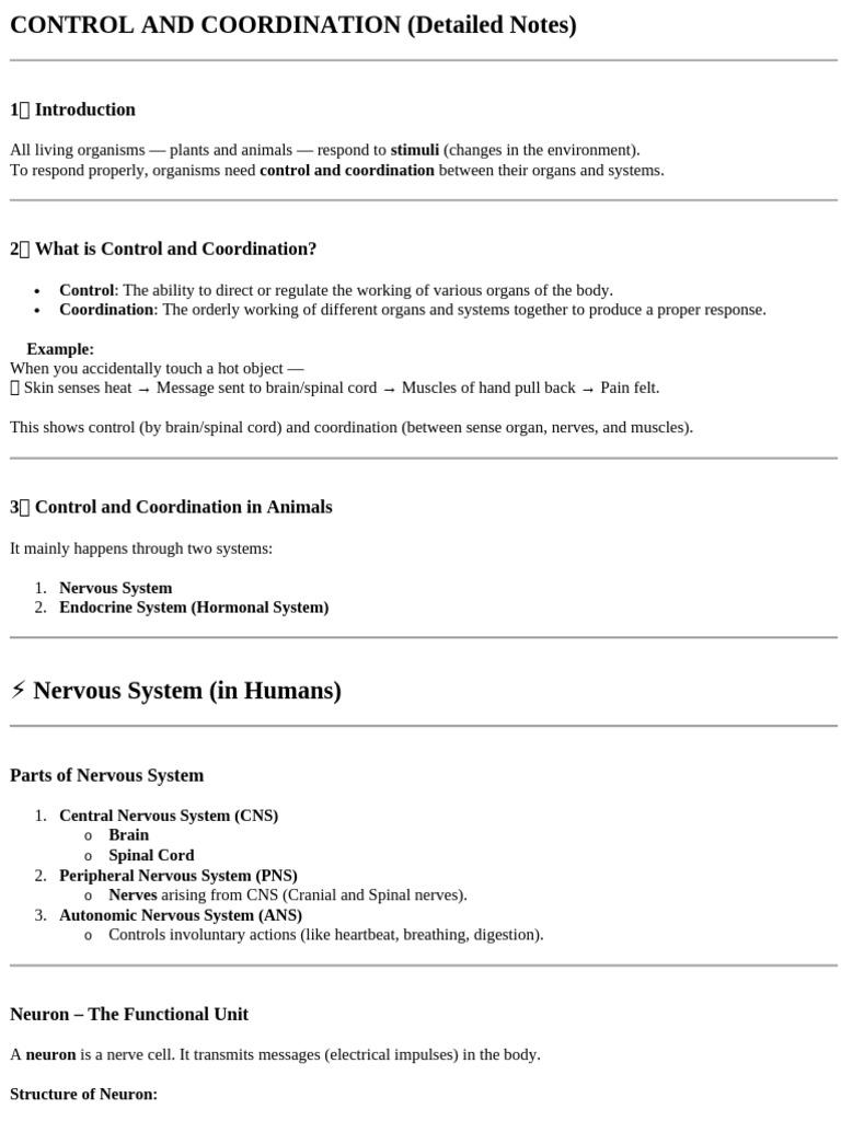 Control and Coordination | PDF | Nervous System | Brain