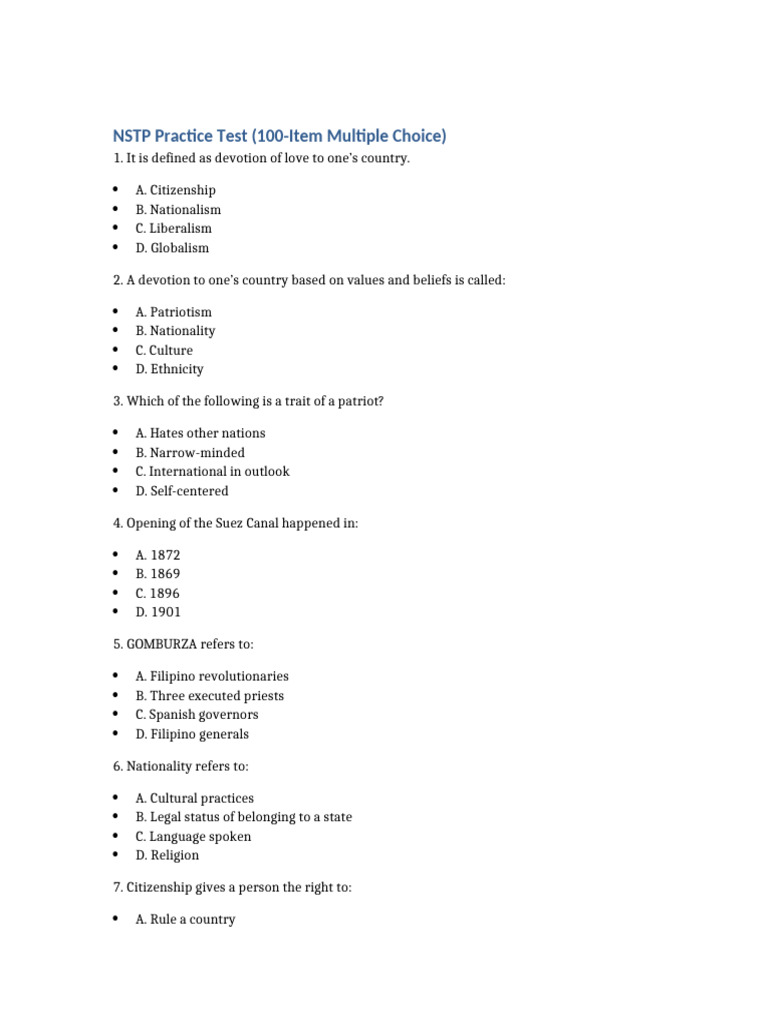 NSTP Practice Test 100 MC | PDF | Nationality | Nationalism