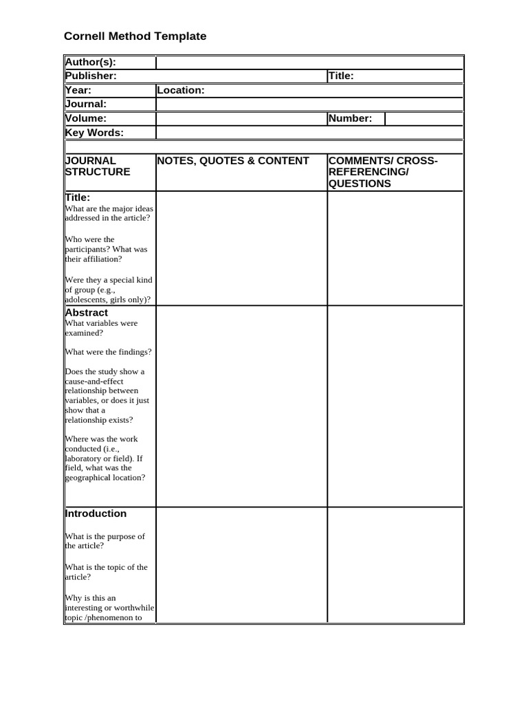 Cornell Method Critical Questions Template | PDF