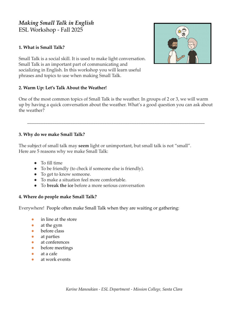 Small Talk Workshop - November 2025 - 2pages | PDF | Speech | Oral ...