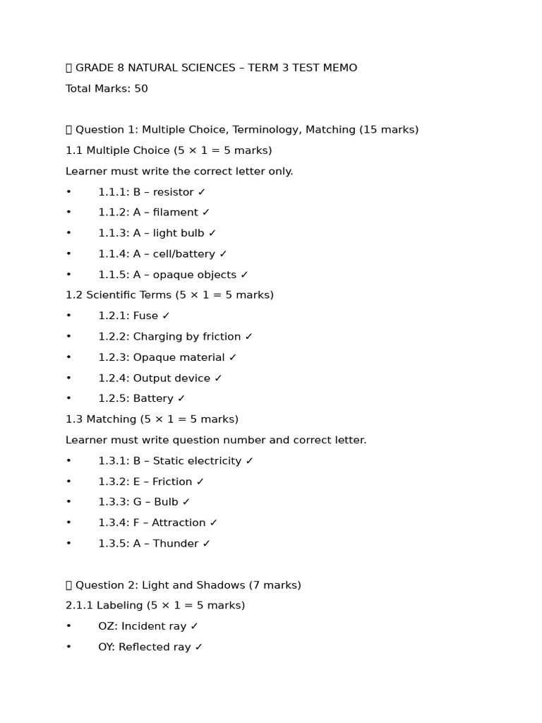 ? Grade 8 Natural Sciences Test Memo | PDF | Electricity | Series And ...