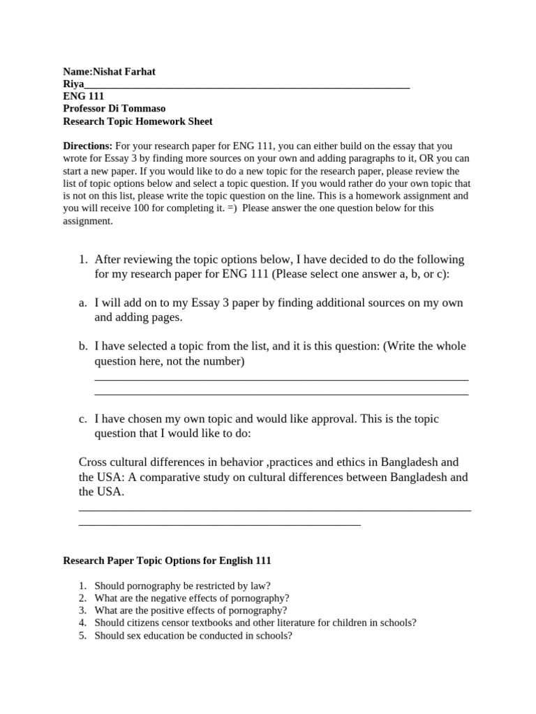 ENG111Research Paper Topic Choices Homework | PDF | Violence | Domestic ...
