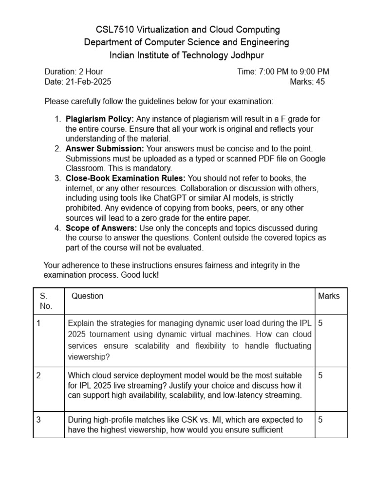 CSL7510 Mid Sem Exam Question Paper Feb 2025 | PDF | Cloud Computing ...