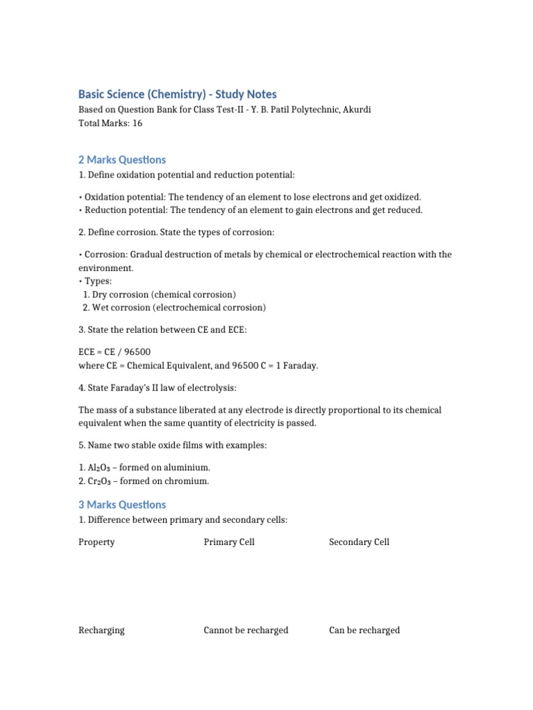 Basic Science Chemistry Study Notes | PDF | Redox | Electrochemistry