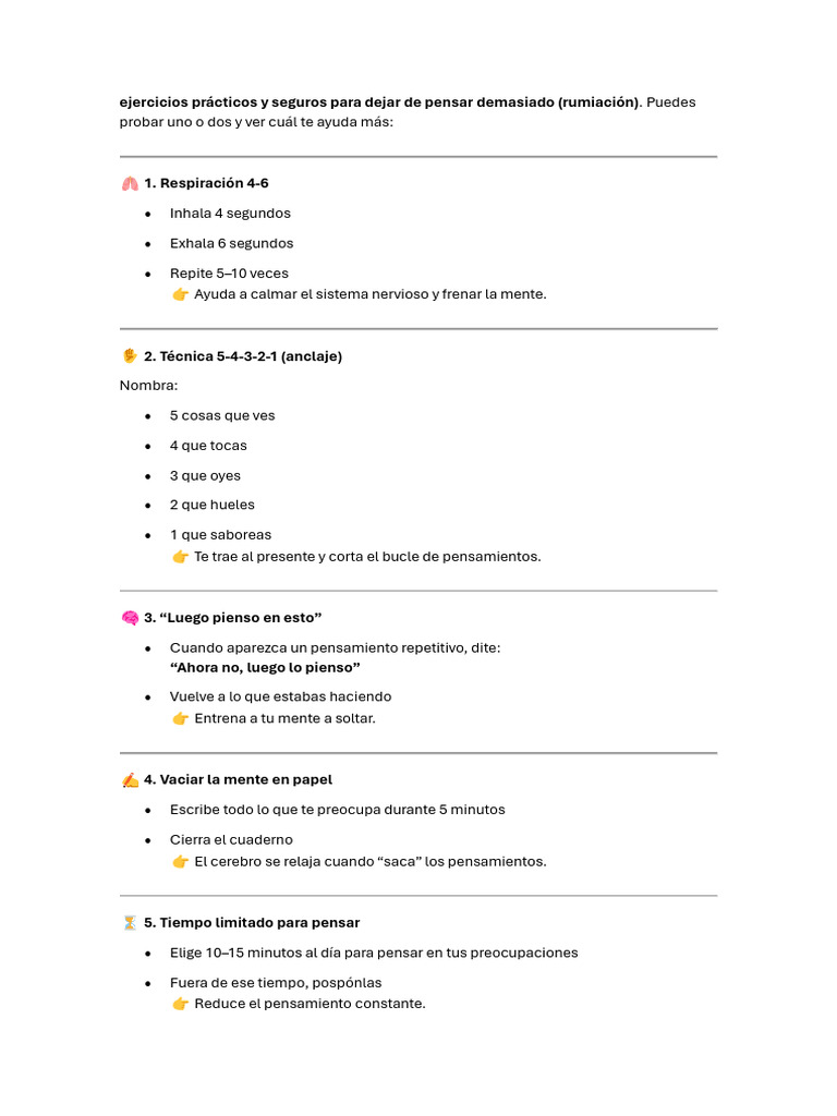 Ejercicios Prácticos y Seguros para Dejar de Pensar Demasiado | PDF