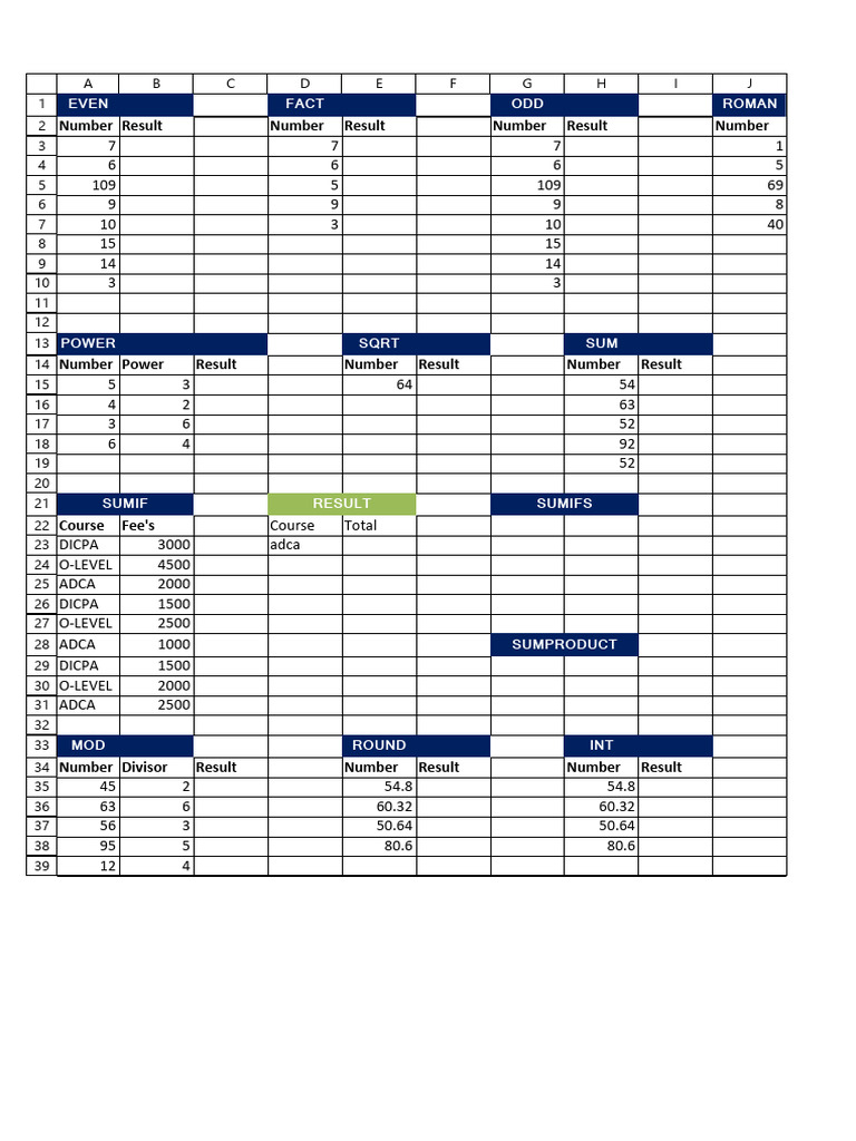 Excel Function For Practice | PDF | Combinatorics | Elementary Mathematics