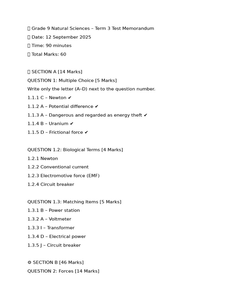 ? Grade 9 Natural Sciences TEST MEMO | PDF | Force | Series And ...