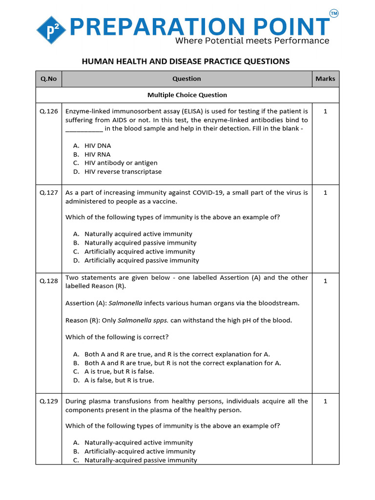 Human Health and Disease Practice Questions | PDF | Immune System | Hiv