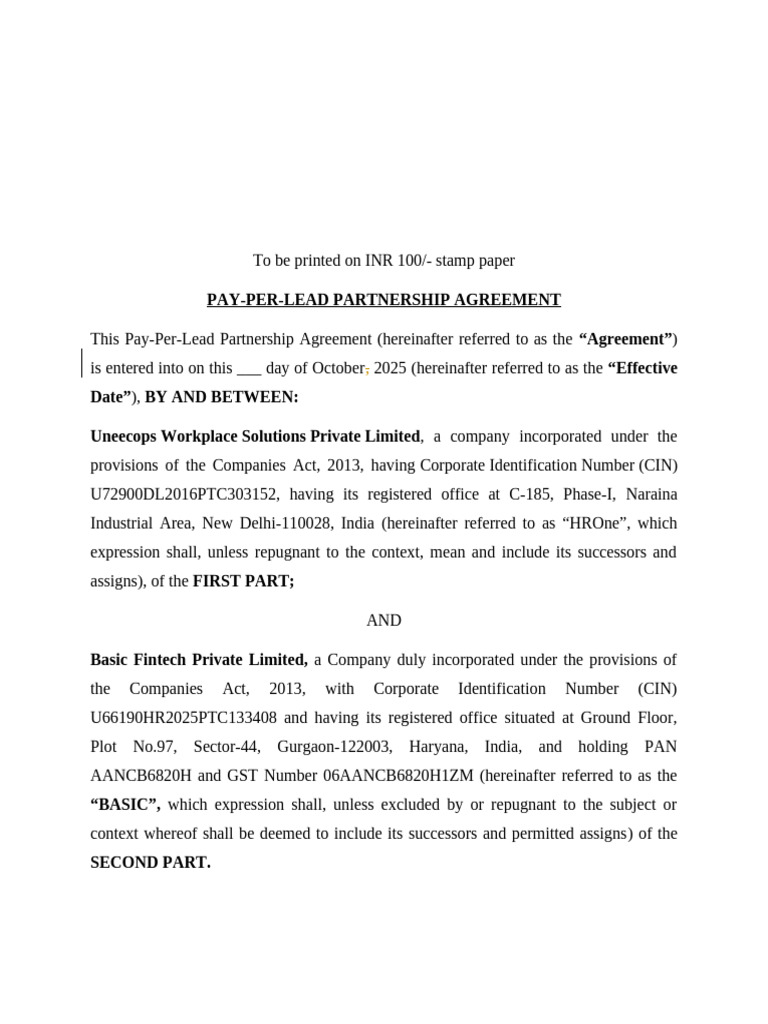 Pay Per Lead Agreement - HROne - BASIC 031025 | PDF | Indemnity ...