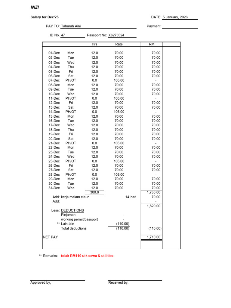 47.taharah Aini - Inzi Payslip 2512r | PDF