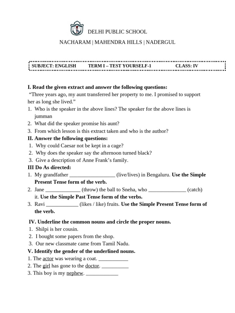 Class 4 English Term I Test Yourself - 1 | PDF
