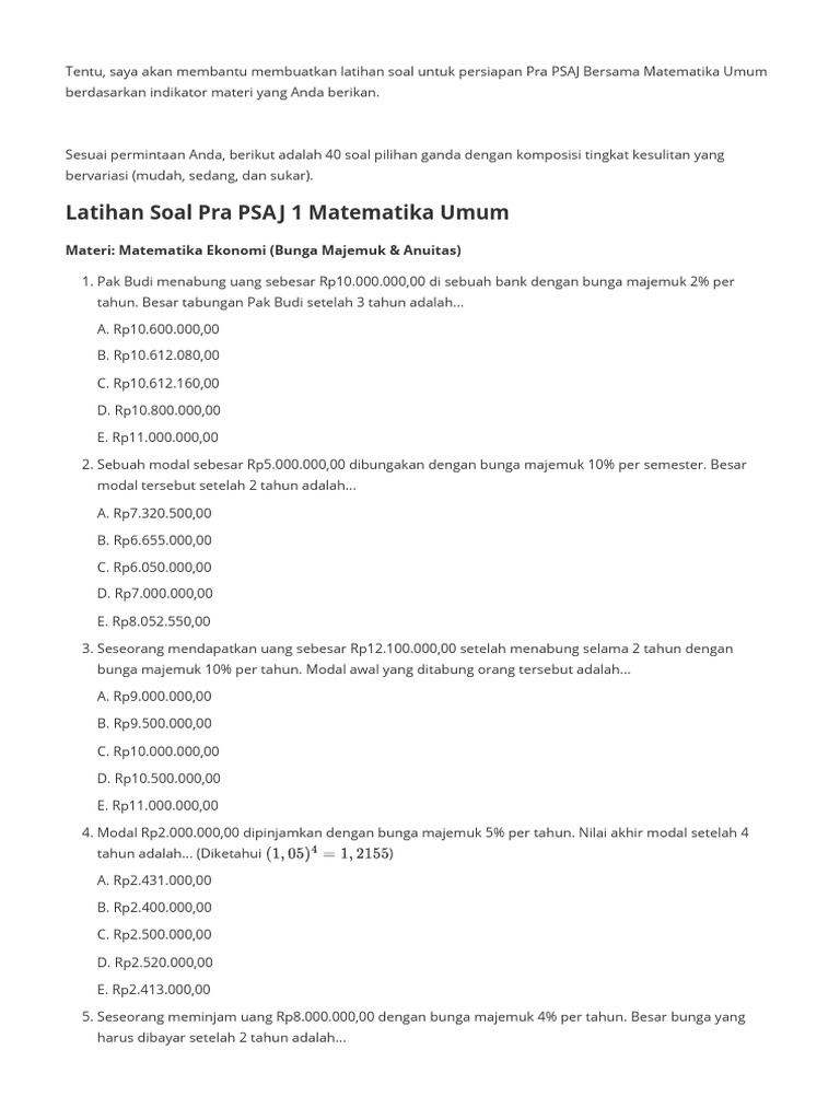 Latihan Soal Pra PSAJ 1 Matematika Umum | PDF