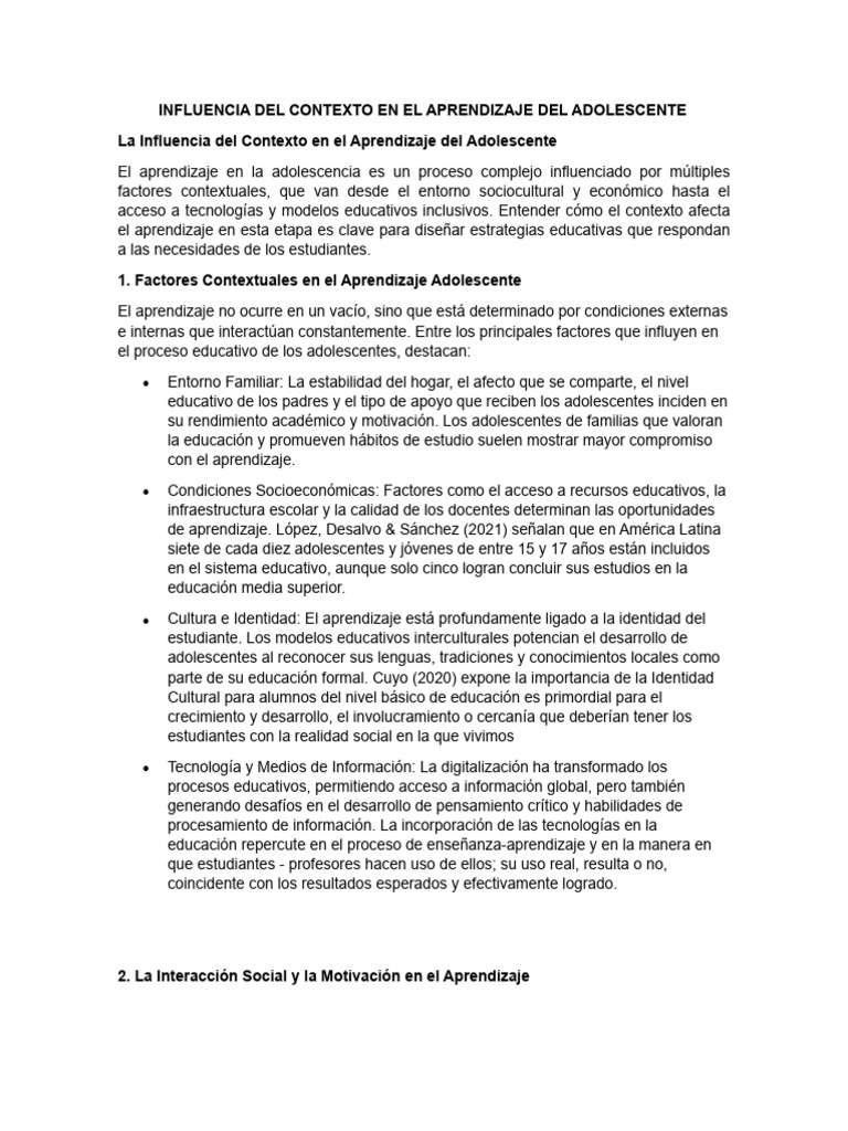 Influencia Del Contexto en El Aprendizaje Del Adolescente | PDF ...