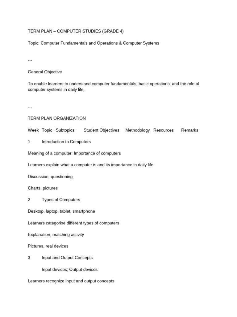 Term Plan - Computer Studies (Grade 4) | PDF