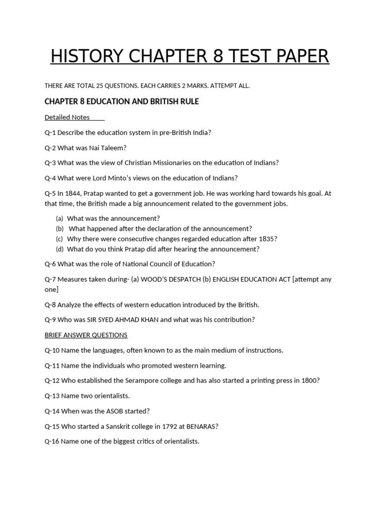 History Chapter 8 Test Paper | PDF