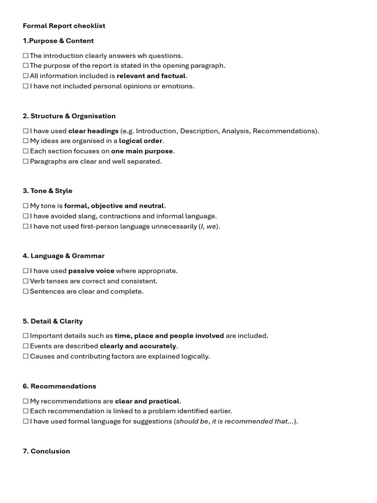 Formal Report Checklist | PDF