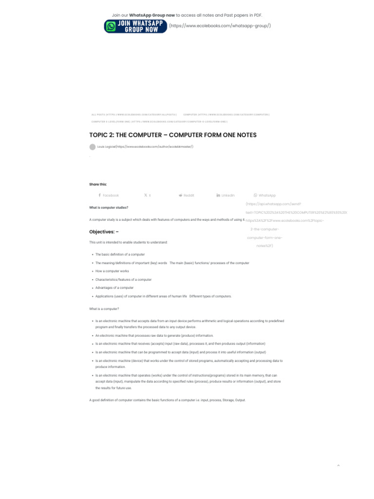 TOPIC 2 - THE COMPUTER - COMPUTER FORM ONE NOTES - EcoleBooks | PDF ...