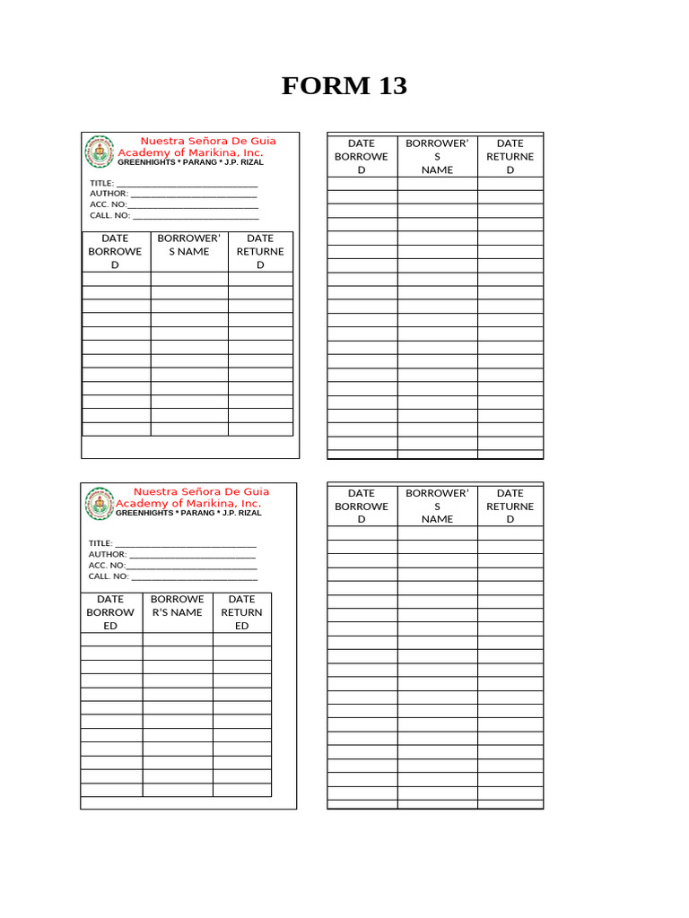 Form 13 Book Card | PDF