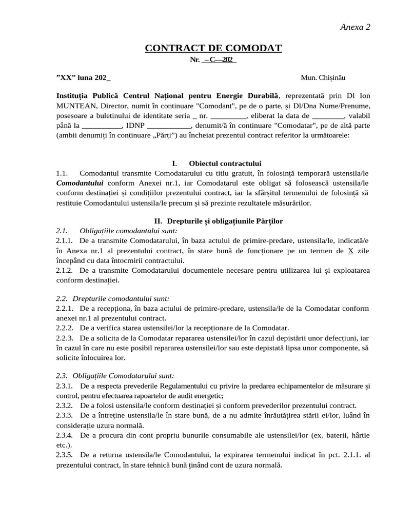 Anexa 2. Model Contract de Comodat Final | PDF
