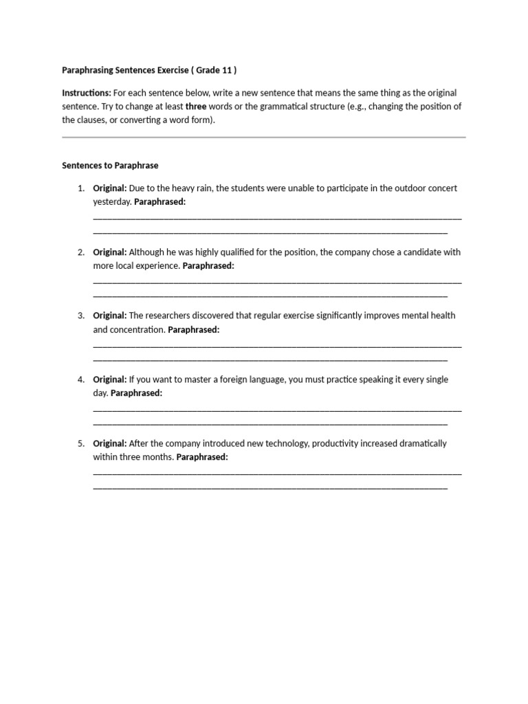 Paraphrasing Sentences Exercise | PDF