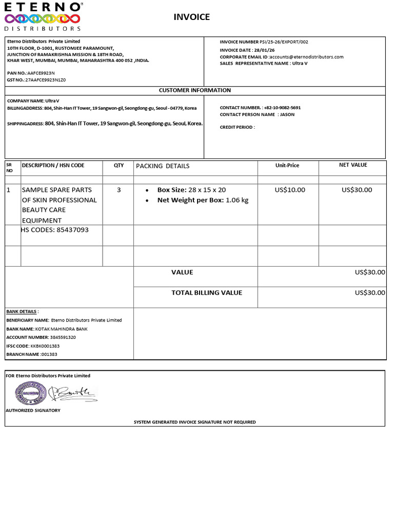 Ultra V Invoice Export - ETERNO | PDF
