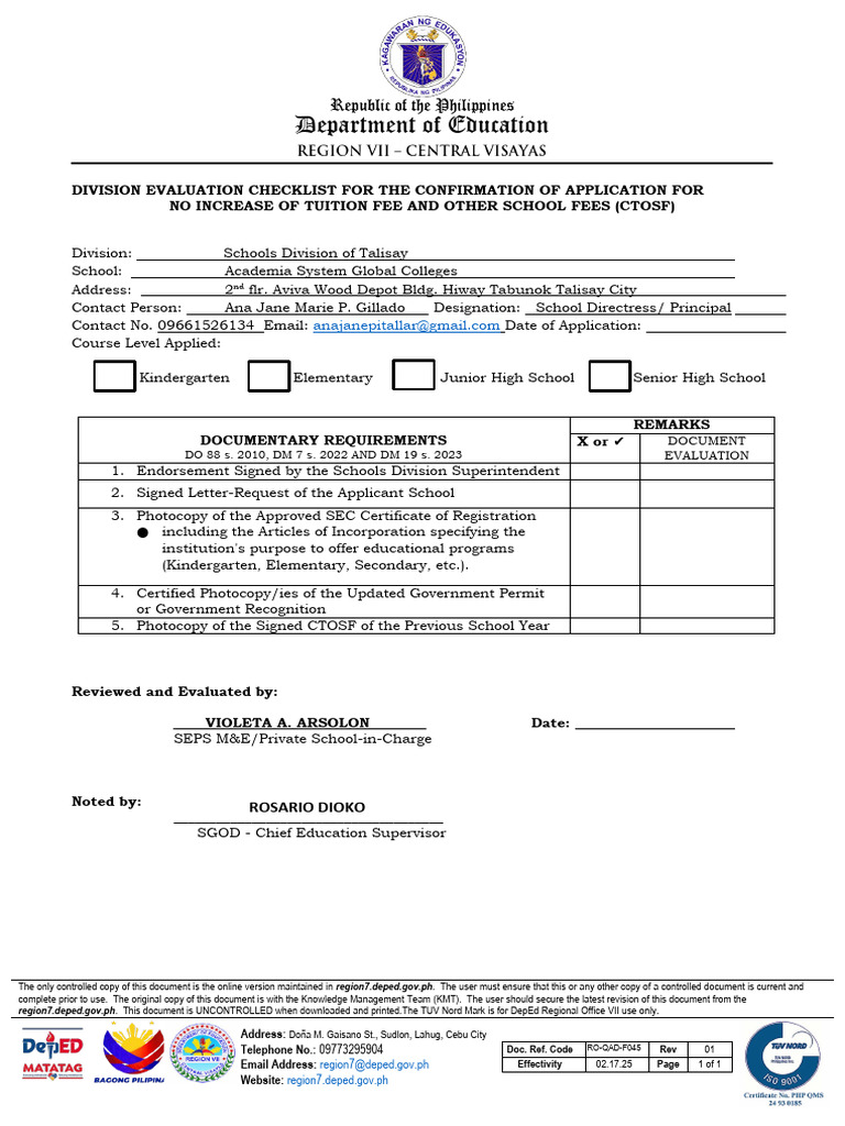 QAD F044 No Increase On CTOSF Division Checklist 1 | PDF