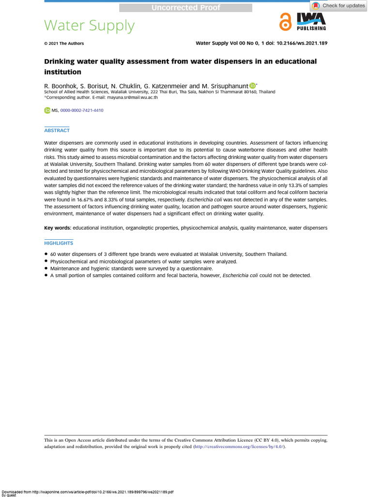 Drinking Water Quality Assessment From Water Dispe | PDF | Drinking ...