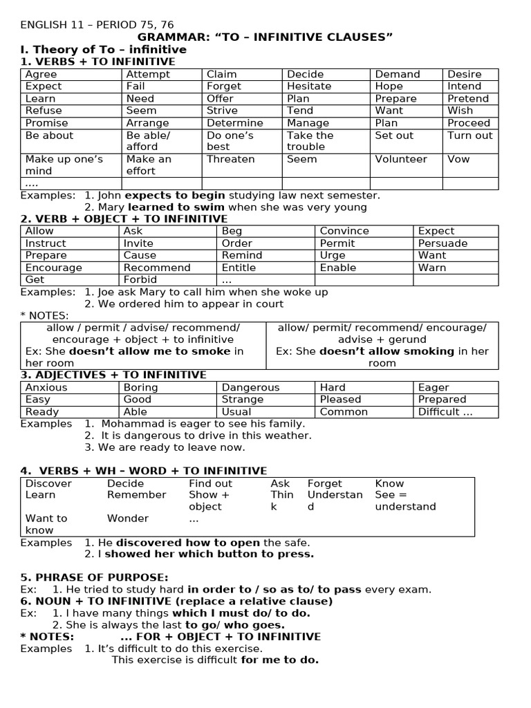 E11 P75,76 Grammar To Infinitive Clauses | PDF | Verb | Linguistic ...