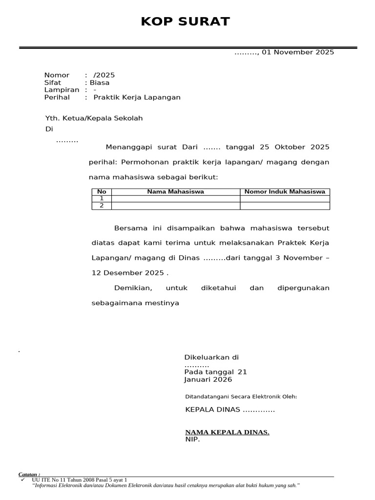 Surat Balasan Praktek Kerja Lapangan | PDF