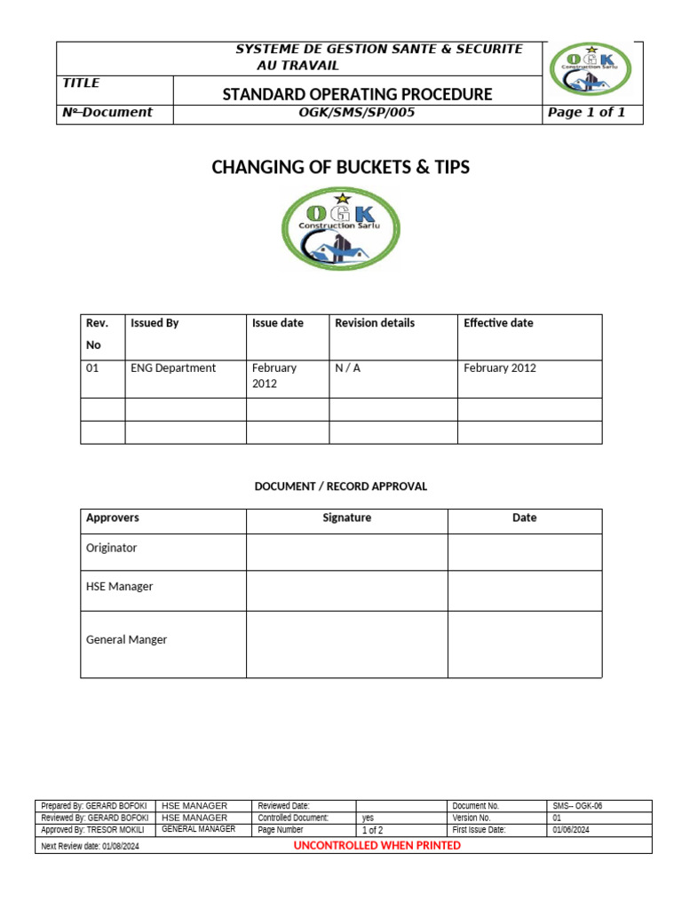 Ogk-sop-005-Changing of Buckets & Tips | PDF | Personal Protective ...