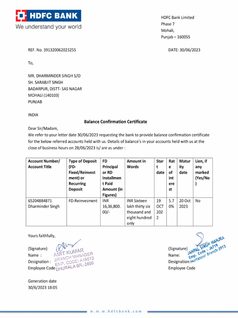 FD HDFC Bank Statement Stamping | PDF