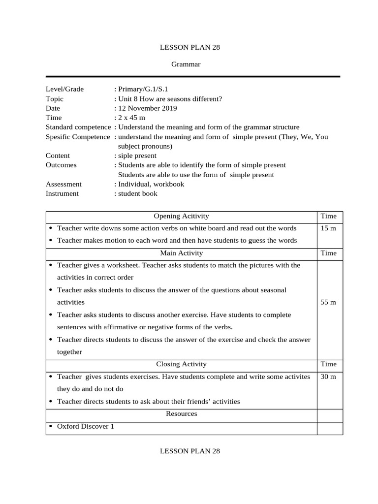 Lesson Plan Grammar Unit 8 Od1 | PDF | Subject (Grammar) | Languages