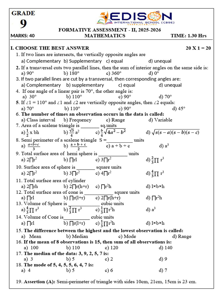 FA-2, G-9 Maths | PDF | Angle | Area