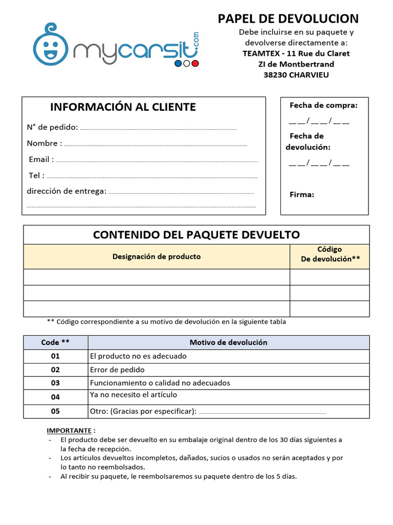 Bon de Retour Retractation Es | PDF