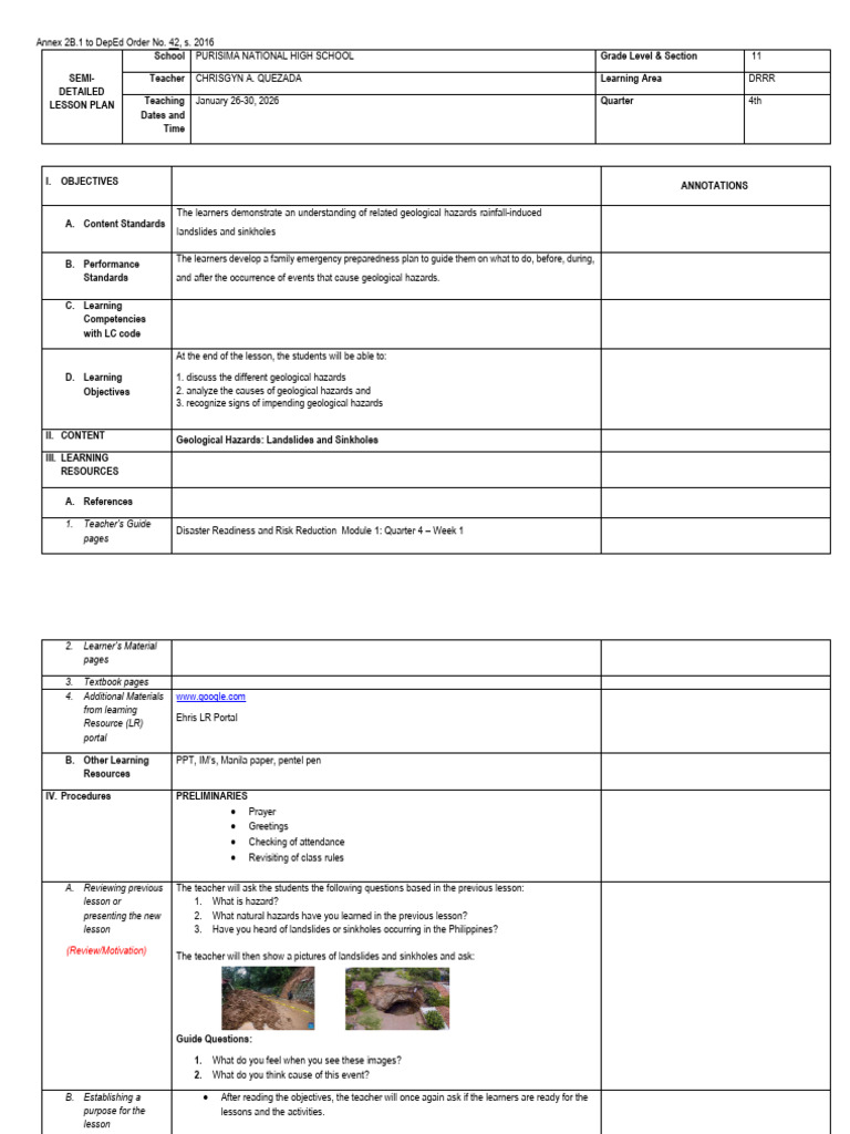 DRRR Lesson Plan 4as Final | PDF | Landslide | Sinkhole