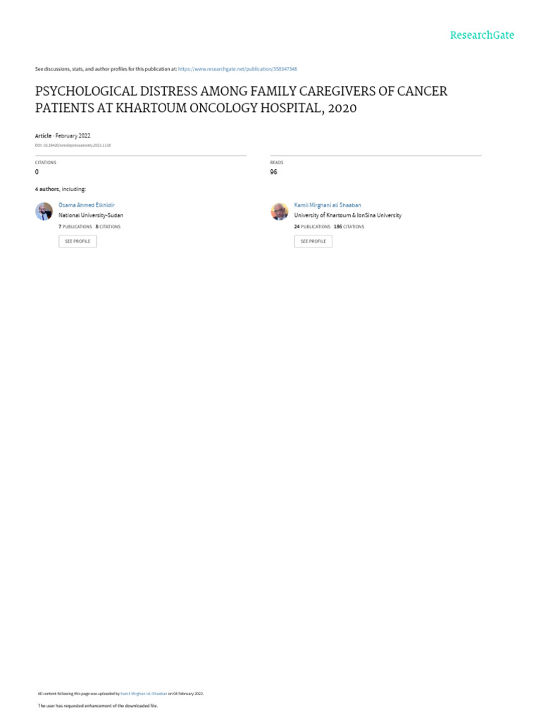 Psychological Distress Among Family Caregivers of Cancer Patients at ...